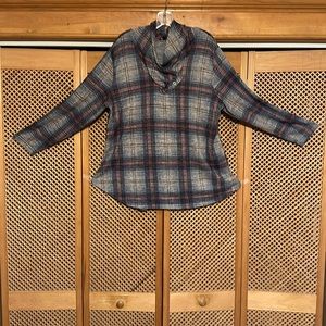 Women’s Button Cowl neck Poncho in multi-plaid. Size=XL.  (514)
